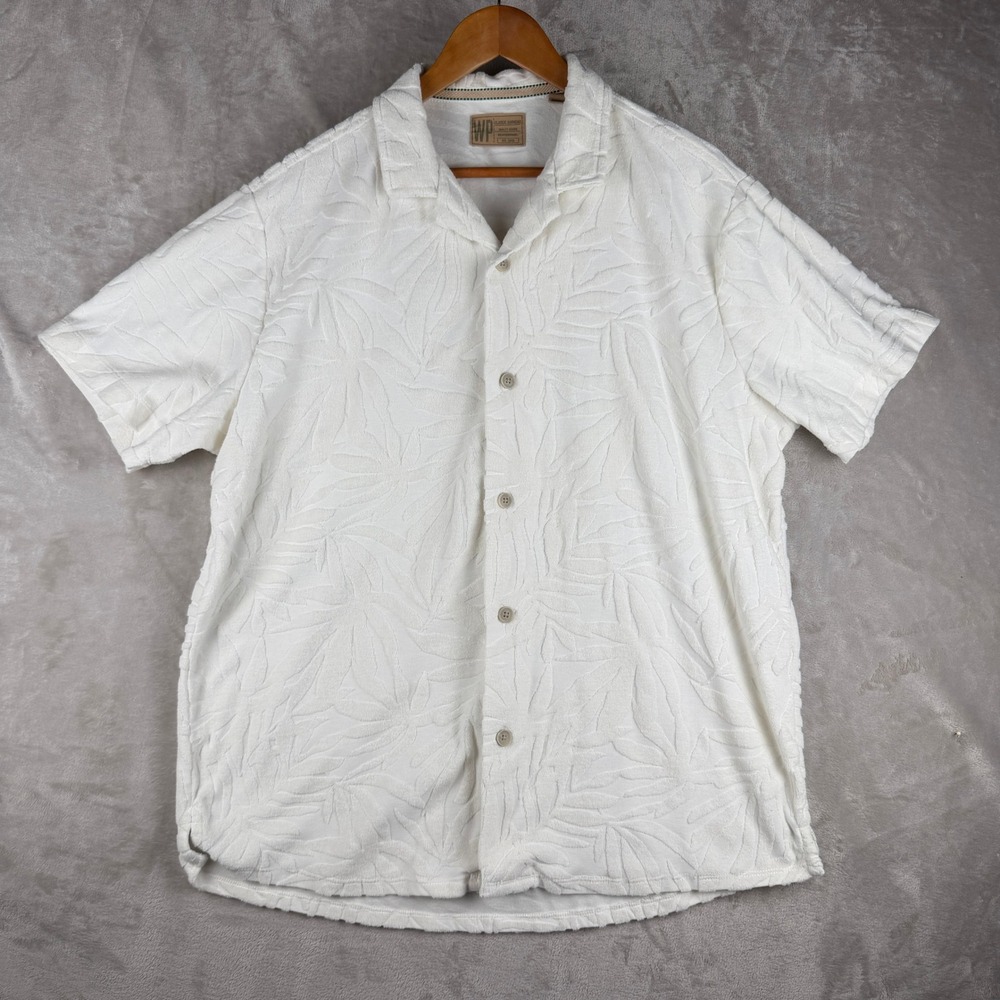 Weatherproof Vintage Mens XXL White Terry Cloth Tropical Leaf Camp Shirt